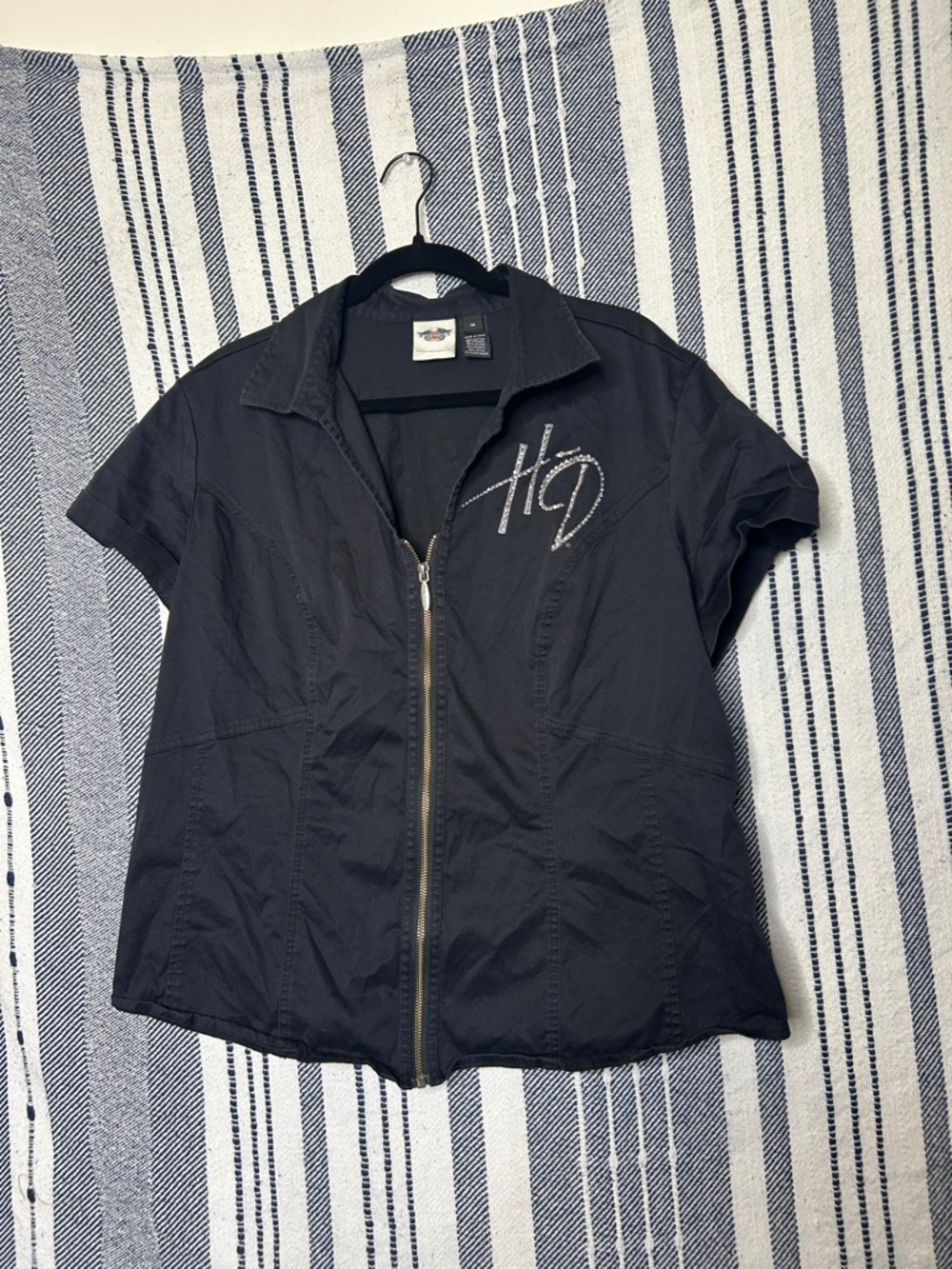 Harley Davidson Zip Up Rhinestone Short Sleeve Top